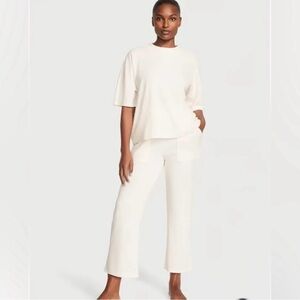 Victoria's Secret Glow Soft Cozy Waffle Knit Tee & Pants PJ Set Cream Large